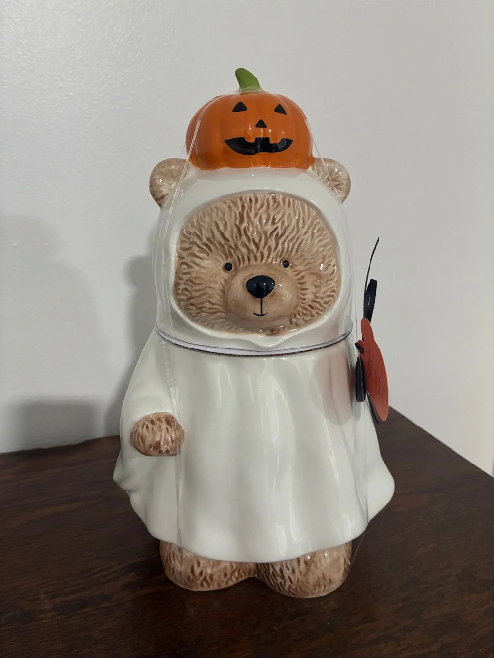 NWT- Halloween Ghost Bear Ceramic Cookie Jar- w/ Jack-o-lantern Pumpkin Handle